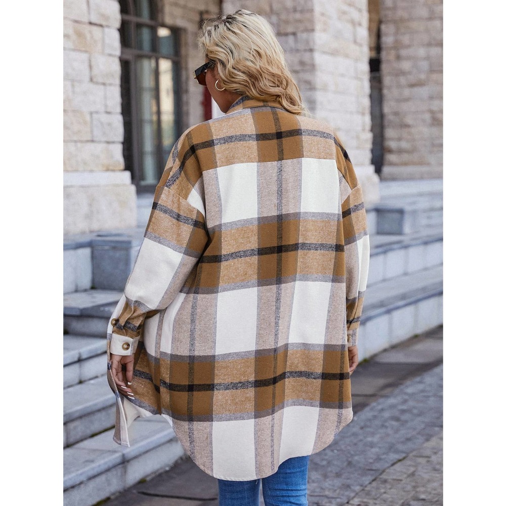 Plaid Print Drop Shoulder Overcoat long shacket boyfriend jacket tan khaki - Picture 6 of 11